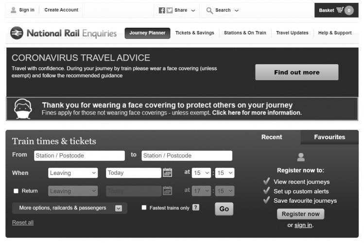 A screen capture of the National Rail website being displayed in greyscale on Sunday 11th April 2021.