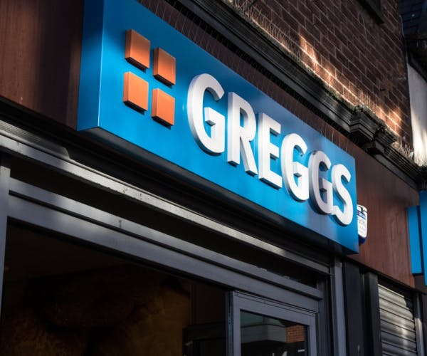 Exterior shot of a Greggs bakery.